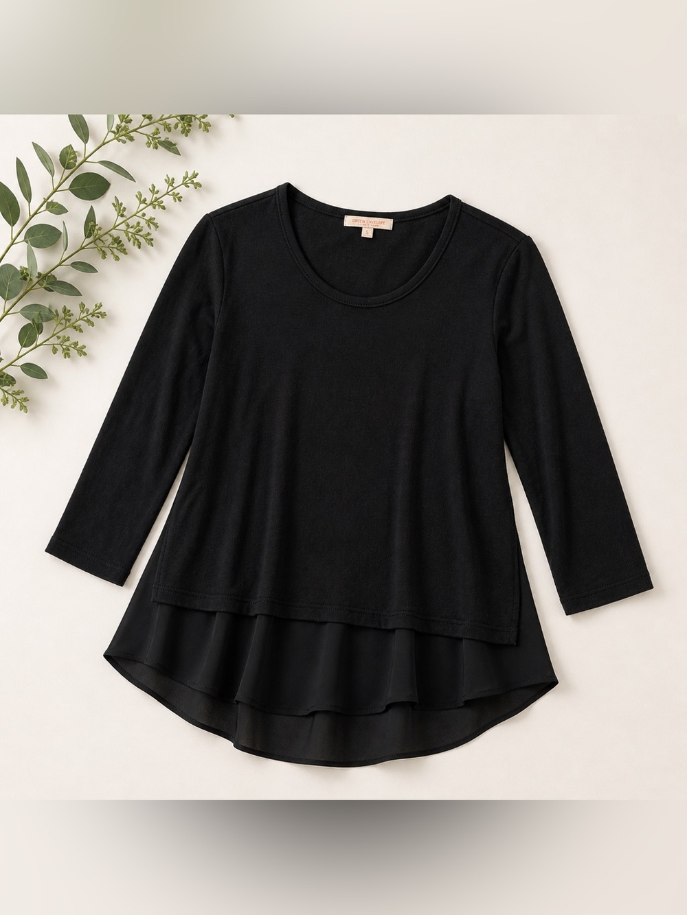 Green Envelope Black Mixed Media Layered Hem Top | Flowy Hem | Size S